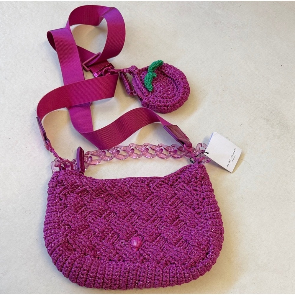 Kurt Geiger London Crochet Crossbody Bag Fuchsia Pink Woven Coin Purse NWT